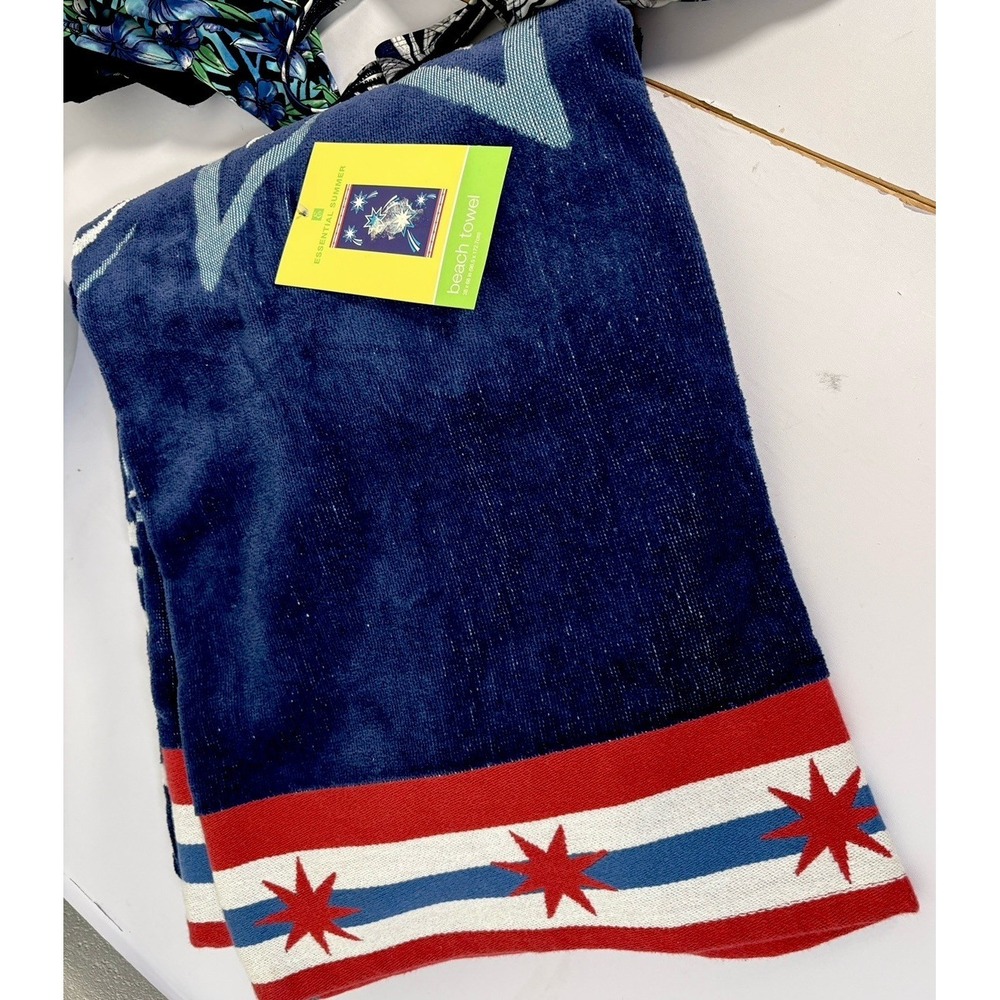 Vtg Kmart Beach Towel Stars & Fireworks American Patriotic 100% Cotton Pool Gear - Picture 4 of 10